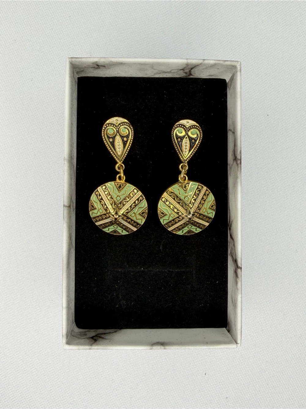 Vintage Damascene Gold-Tone Green Patterned Screw back Earrings